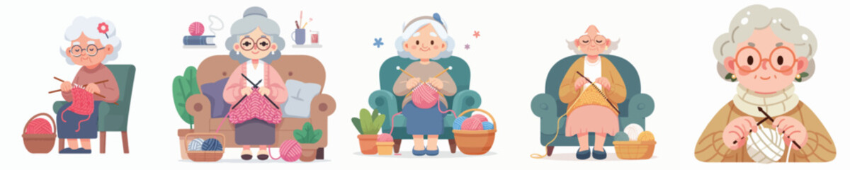 Vector of an elderly woman knitting.