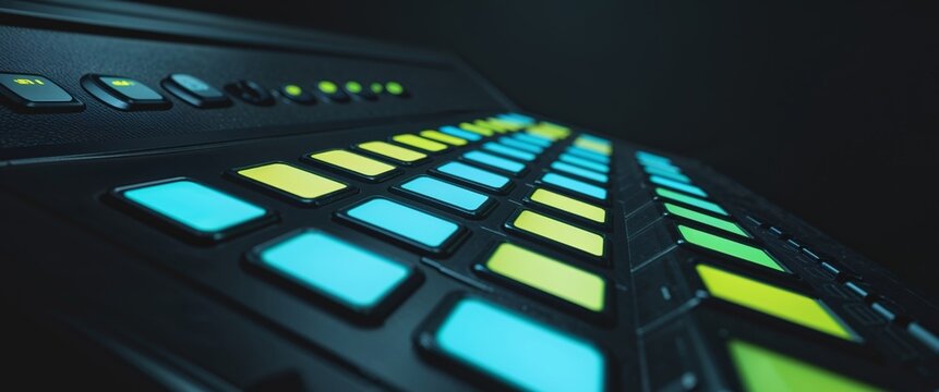 Black electronic control panel with various illuminated button displays