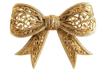 Gold ornate bow. Delicate filigree, ribbon loops, and knot create an elegant, luxurious decorative design transparent background backdrop