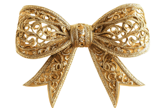 Gold ornate bow. Delicate filigree, ribbon loops, and knot create an elegant, luxurious decorative design transparent background backdrop