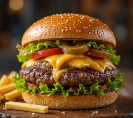 Juicy Cheeseburger with Lettuce, Tomato, Pickles, Cheese and Fries on a Tray
