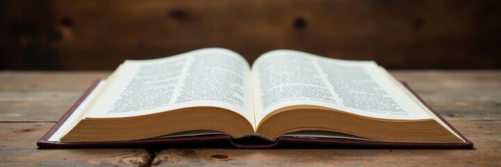 Wooden table with open booklet on wooden background, outdoor, blurred, design