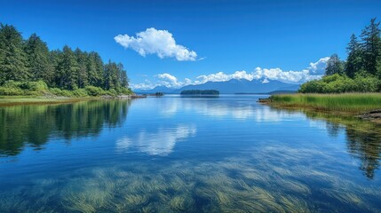 Fototapeta premium Serene lake view reflecting tranquil waters and forested shoreline under blue skies