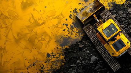 An overhead view of a yellow construction vehicle on a work site
