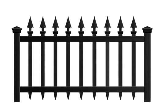 a black metal fence with pointed tops designed for security and aesthetic appeal often used in residential or commercial properties