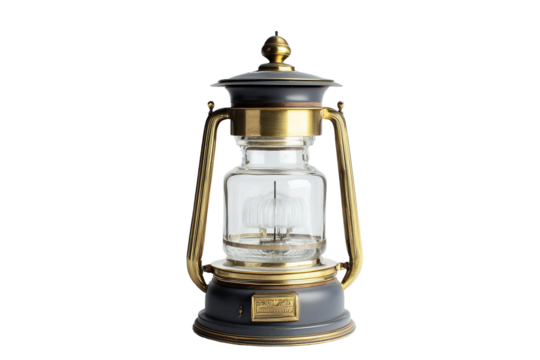 Gray and gold lantern, featuring a glass enclosure with internal light