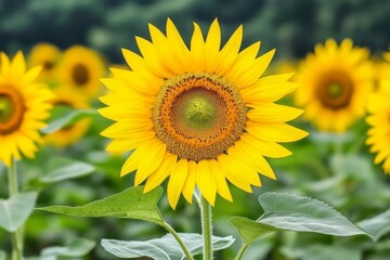 Fototapeta premium Vibrant Sunflower in Full Bloom: Yellow Petals, Green Leaves, and Nature's Beauty