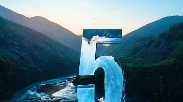 Gradient zoom out video transitioning from light to dark, the number five formed from cascading waterfalls against a serene mountain background
