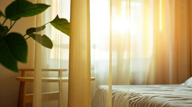 Cozy bedroom with soft sunlight filtering through sheer curtains