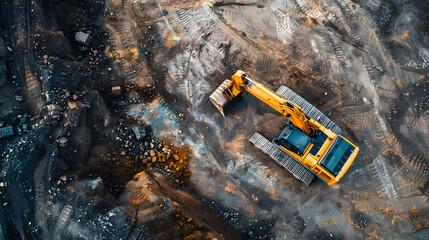 A top down perspective of an excavator in a work area