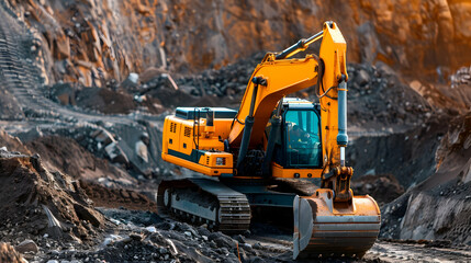 Obraz premium A large yellow excavator is working in a quarry setting