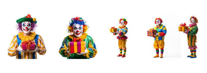Collection of Smiling clown holding gift box standing and three kids isolate on transparent background