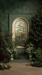 Serene window view, lush greenery, elegant window frame, potted plants, nature scene.