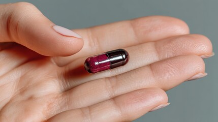 Holding a dark purple capsule for hormonal balance support with natural nail tone