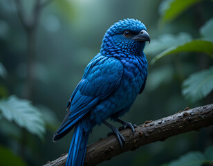 Obraz premium Blue Bird Perching on Branch in Green Forest Setting