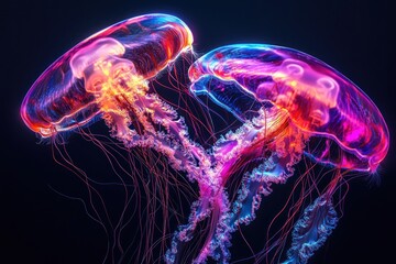 Neon Jellyfish Dance: A mesmerizing underwater ballet of two vibrant jellyfish illuminated in neon pink and blue hues against a dark background.