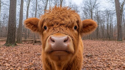 Fototapeta premium Curious Highland Calf in Autumn Forest