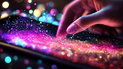 Finger touches device screen with colorful sparkles and bokeh lights around