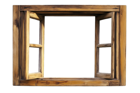 a rustic wooden window frame with two open panes showcasing a natural and inviting aesthetic ideal for design photography or home decor projects