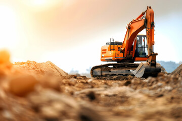 An orange excavator working at a construction site in daylight