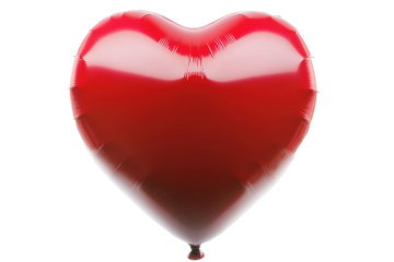 Shiny red heart-shaped balloon floating against a transparent background, full of light reflections and depth