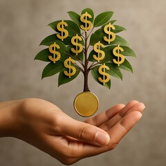 A conceptual illustration symbolizing women raising and reinvesting capital. The image features a hand holding a coin that transforms into a thriving tree with leaves shaped like dollar signs