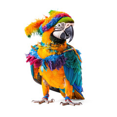 Macaw Parrot wearing Samba costume, carnival concept isolate on transparent background