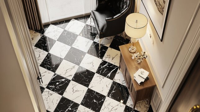 Elegant Black and White Marble Checkerboard Floor Design