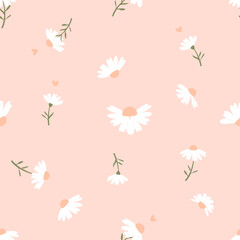 Seamless pattern with daisy chamomile flower green branches and small orange hearts on pink background vector. Cute floral print.