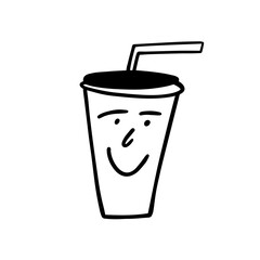 A joyful and colorful cartoon style drink cup that comes with a straw for beverages