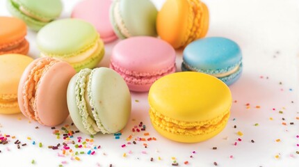 Obraz premium Colorful Macarons on White Background With Sprinkles