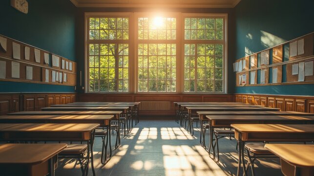 A sunlit empty classroom, with long desks and no students in sight 