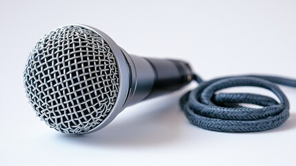 Close-up of a wired microphone with coiled cable on a white surface