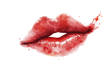 Watercolor painting of glossy, red lips on a transparent background. Detailed brushstrokes highlight texture