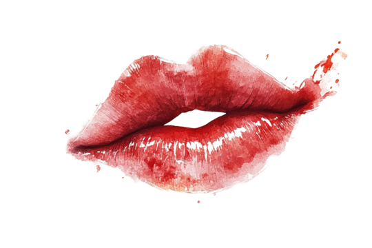 Watercolor painting of glossy, red lips on a transparent background. Detailed brushstrokes highlight texture - Powered by Adobe
