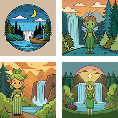 Fototapeta premium Cute Cartoon Forest Fairies Near Waterfalls At Night And Sunset Illustrations