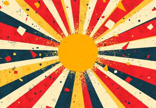 Flat illustration of yellow and red rays with confetti, in the style of Japanese art. 