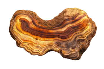 Striated stone slab with wavy layers in warm brown tones. Isolated on transparent background