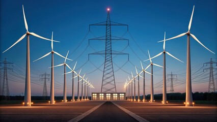 A serene landscape at dusk featuring wind turbines and a high-voltage power tower, symbolizing renewable energy and modern technology.