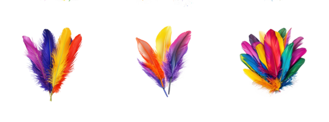 Collection of Mardi Gras decorated with colorful feathers isolate on transparent background