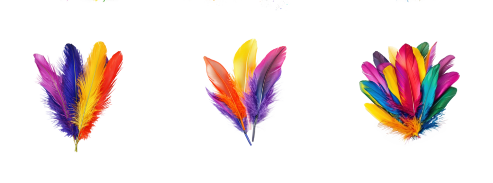 Collection of Mardi Gras decorated with colorful feathers isolate on transparent background