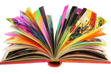 Vivid pages fan open, revealing colorful abstract art in an open book with a brown spine transparent background