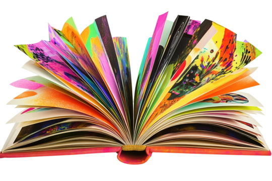 Vivid pages fan open, revealing colorful abstract art in an open book with a brown spine transparent background