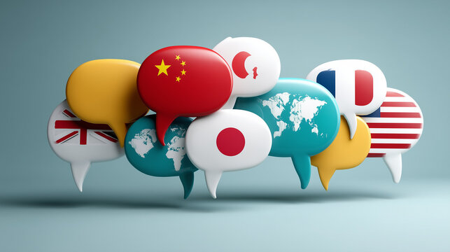 Global Communication: A vibrant cluster of speech bubbles, each adorned with a different nation's flag, symbolizes global communication and international collaboration.