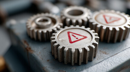 Gear Warning: Close-up shot of machinery gears, showing a red hazard warning. This image portrays a vivid scene of danger.