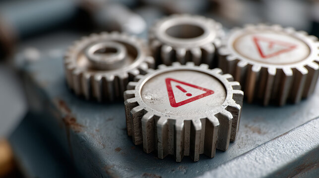 Gear Warning: Close-up shot of machinery gears, showing a red hazard warning. This image portrays a vivid scene of danger.