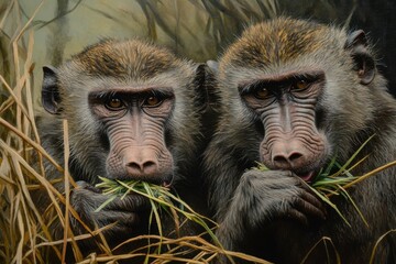 Baboons enjoy a meal of fresh grass while observing their surroundings in the wild, Close up of baboons eating grass and looking out for each other