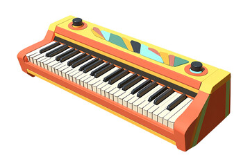 Colorful keyboard with black and white keys, a striped top, and retro vibe sits alone