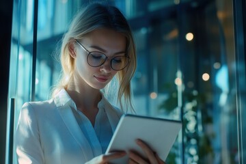 Caucasian businesswoman processes financial data in modern office setting during evening hours, financial data processing over caucasian businesswoman in office
