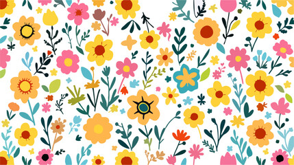 A whimsical seamless floral pattern with cartoonish flowers and foliage
